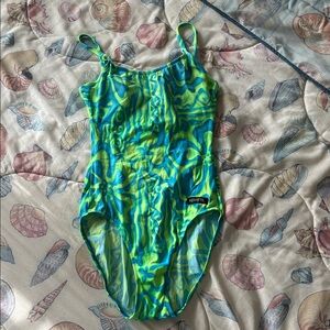 KERRITS Retro 1990s 90s Neon Floral One Piece Swimsuit Size Medium Green Blue